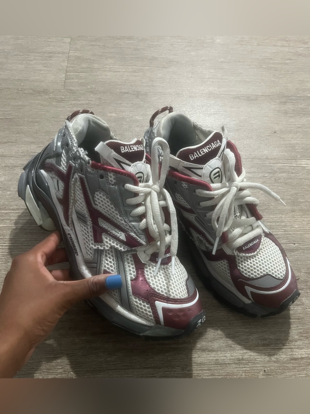 Balenciaga White and Burgundy Mesh Runner Sneakers